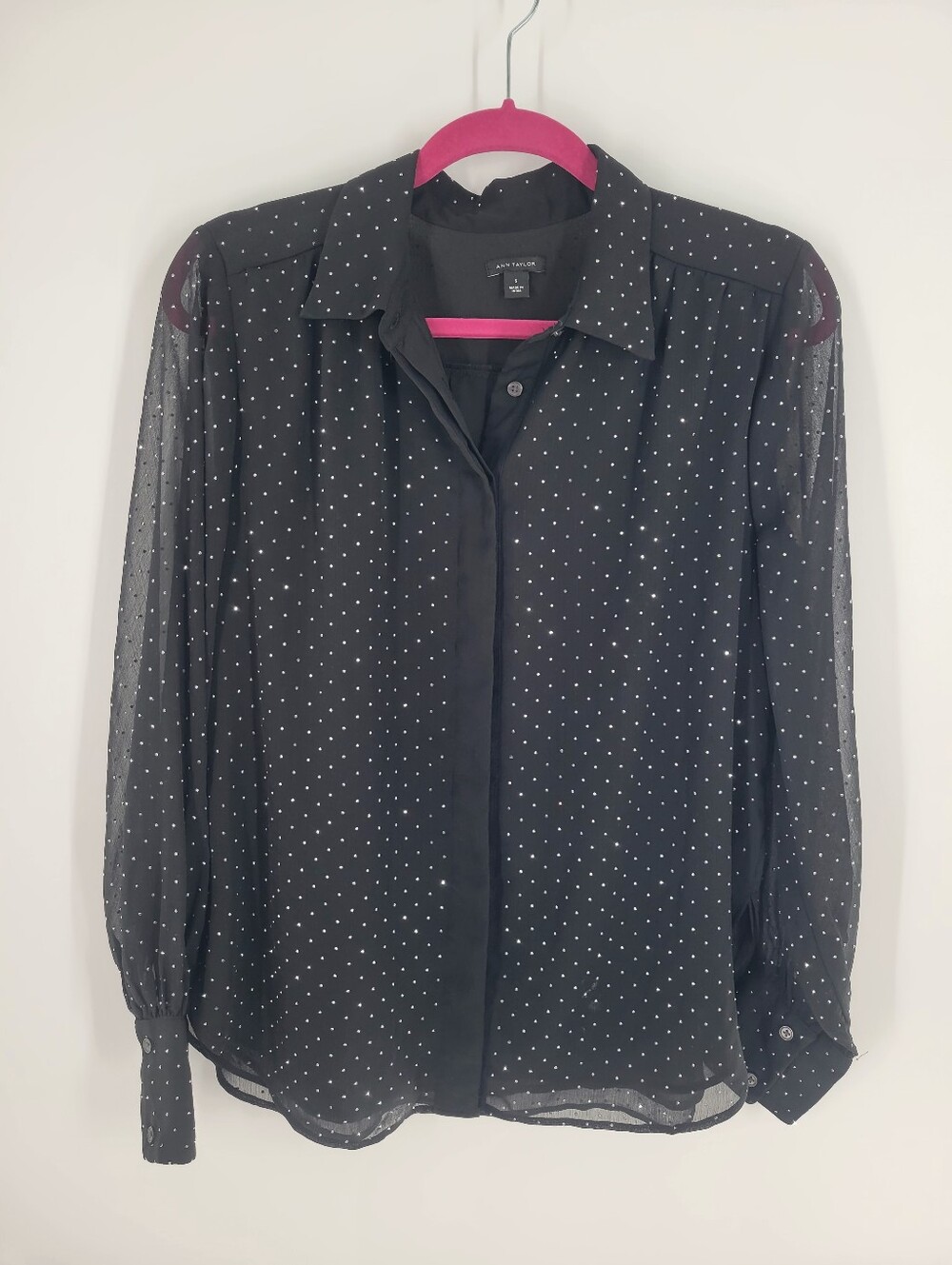 Ann Taylor Beaded Sparkly Sheer Sleeves Button Shirt Blouse Size S